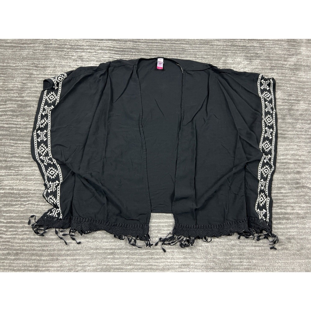 No Boundaries Kimono Womens M Black Soot Tribal Embroidered Fringe Boho Wrap